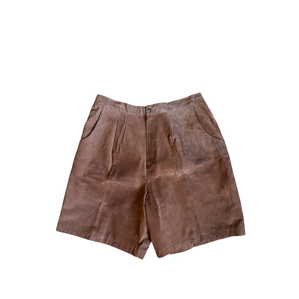 Diani Vintage Brown Leather Suede Pleated High Waisted Shorts Size 18 Cognac